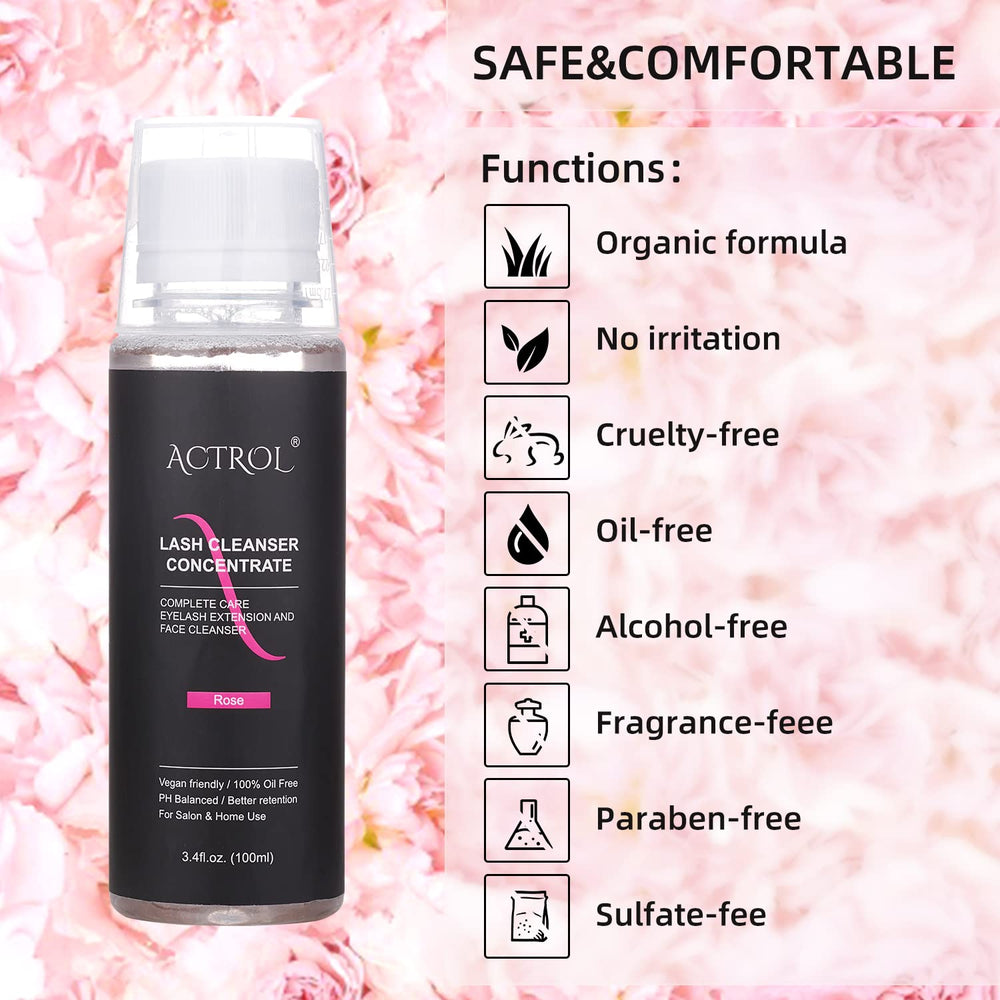 ACTROL lash shampoo foaming cleanser rose bottle foam shows rich lather for efficient cleaning.