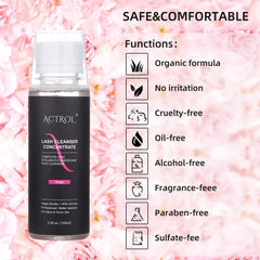 ACTROL lash shampoo foaming cleanser rose bottle foam shows rich lather for efficient cleaning.