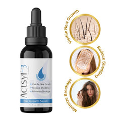 Actsyl-3 hair growth serum bottle closeup showing clear, non-greasy formula.