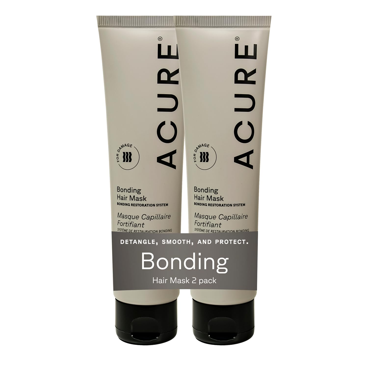 Acure Bonding Hair Mask packaging on a bathroom shelf, vegan and sulfate-free.