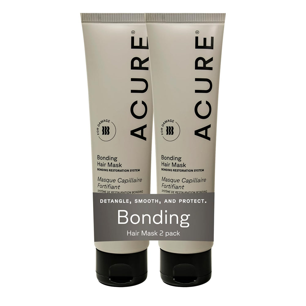 Acure Bonding Hair Mask packaging on a bathroom shelf, vegan and sulfate-free.