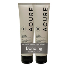 Acure Bonding Hair Mask packaging on a bathroom shelf, vegan and sulfate-free.