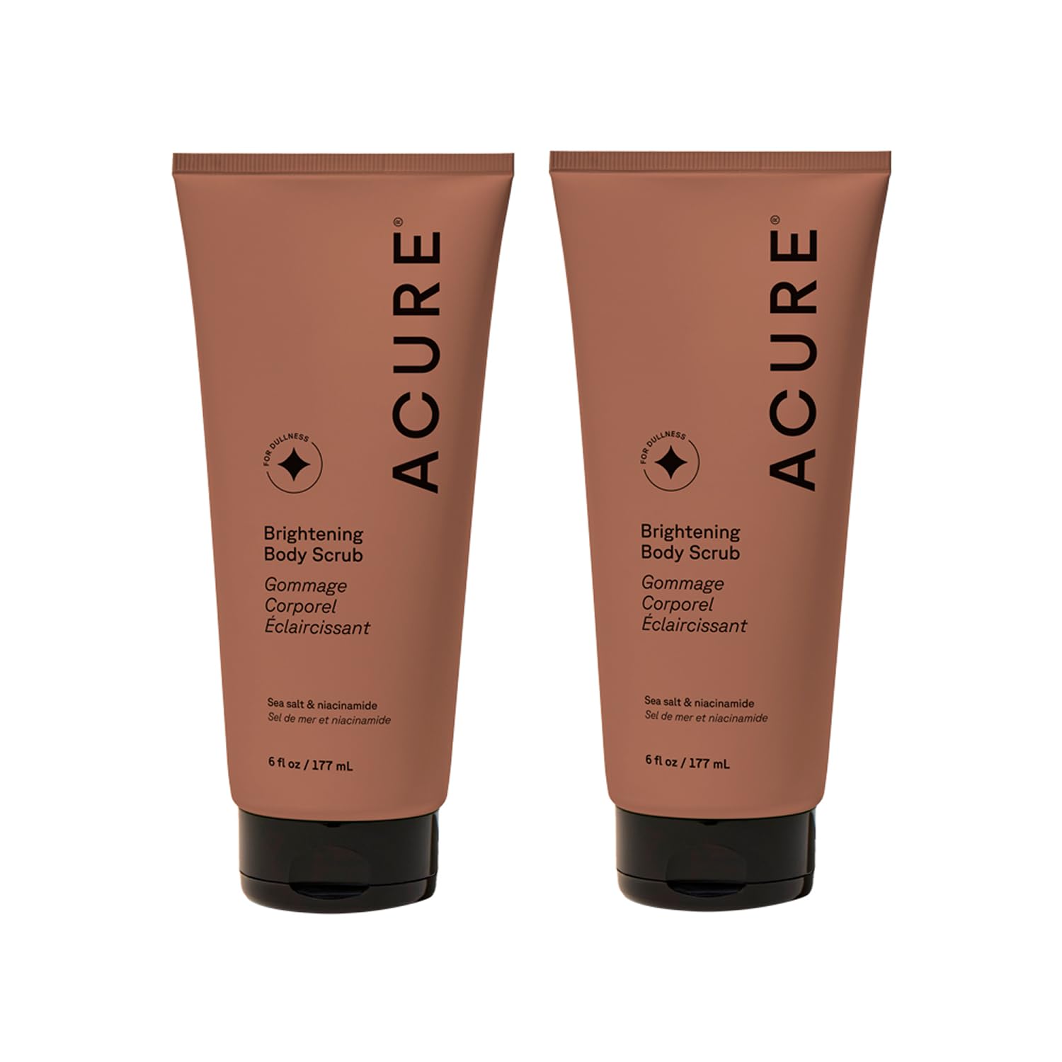 Acure Brightening Body Scrub bottle with sea salt for smooth, radiant skin.