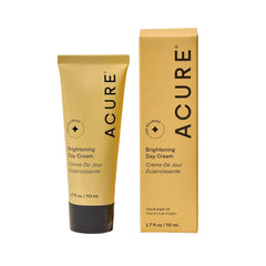Acure Brightening Day Cream bottle close-up shows a hydrating cica and argan oil formula.