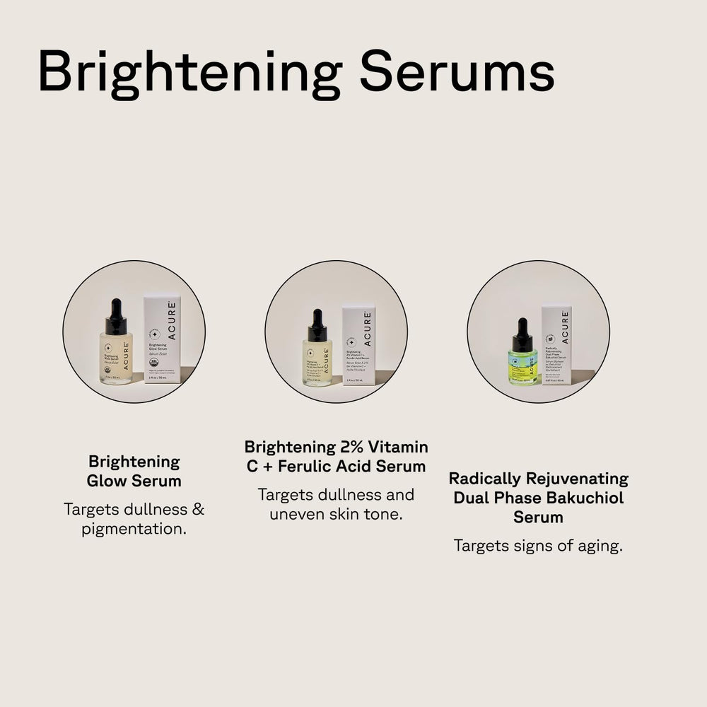 Acure Brightening Glow Serum 2-pack packaging emphasizes vegan, cruelty-free skincare