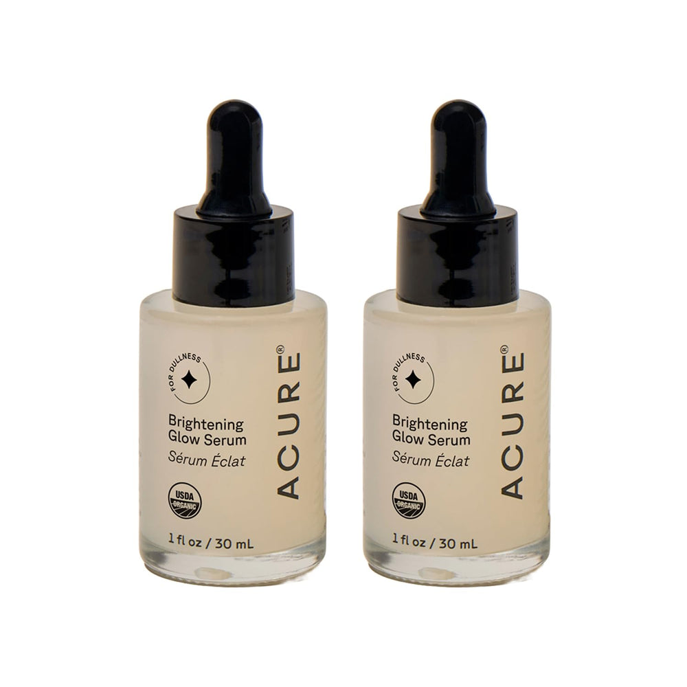 Acure Brightening Glow Serum bottle bathed in light for radiant, healthy-looking skin