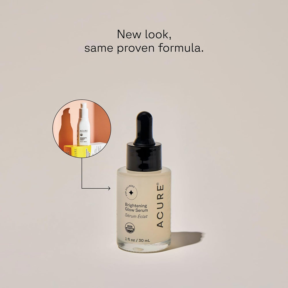 Acure Brightening Glow Serum pump-top close-up shows easy daily application
