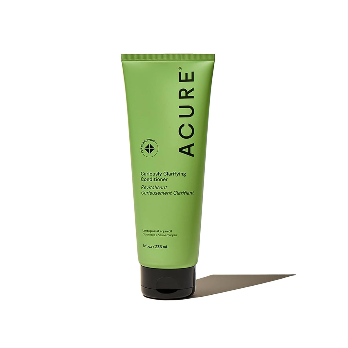 Acure Curiously Clarifying Conditioner bottle for lightweight moisture and refreshed, non-greasy hair.