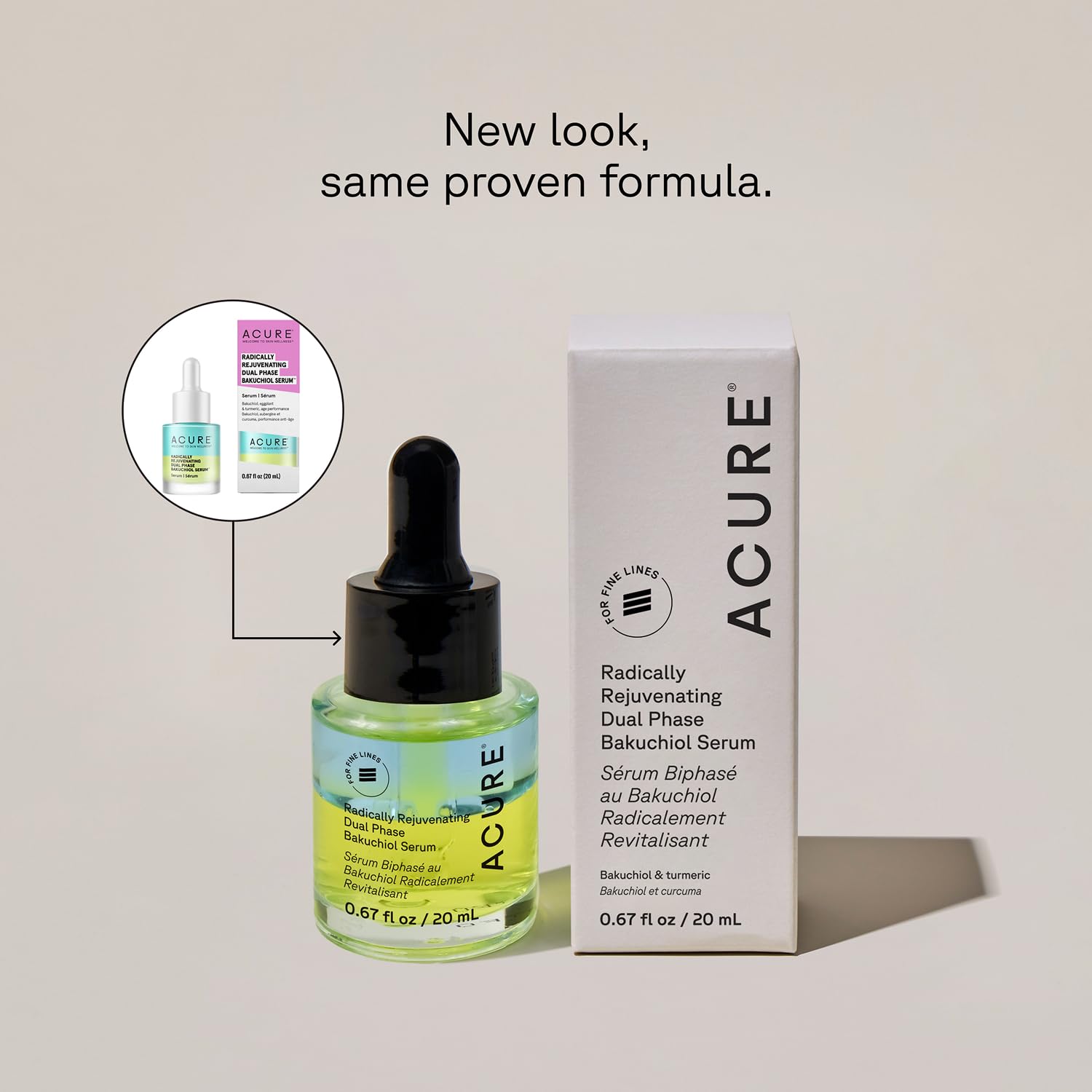 Close-up of Acure dual-phase Bakuchiol serum dropper for smooth, nourished skin.