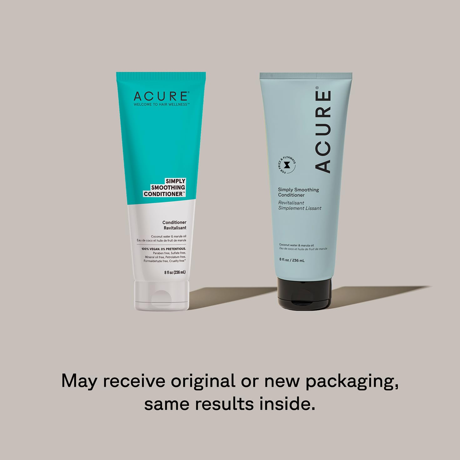 Acure Marula Oil and Coconut Water ingredients highlight shine and moisture.