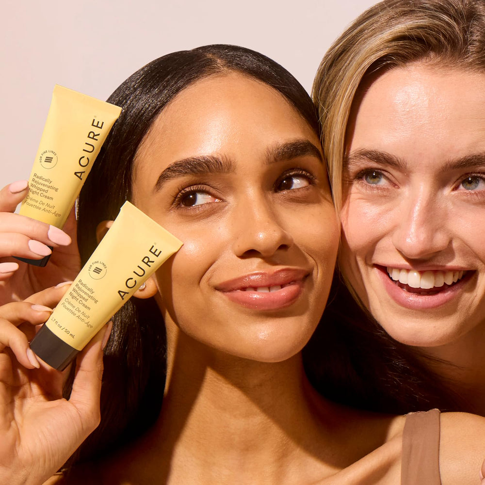 Acure Night Cream application on face and neck demonstrates nightly skincare use.