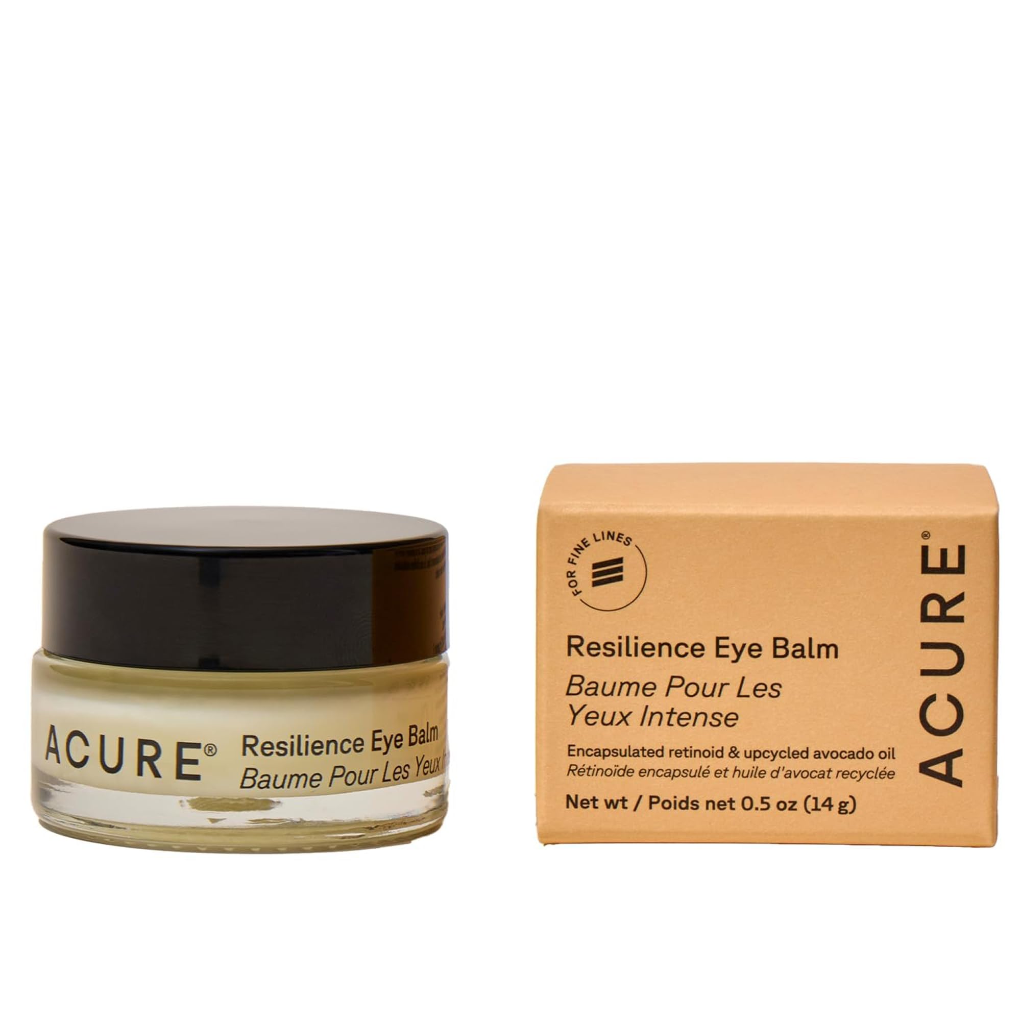 Acure Resilience Eye Balm jar application shows creamy texture for under-eye care.