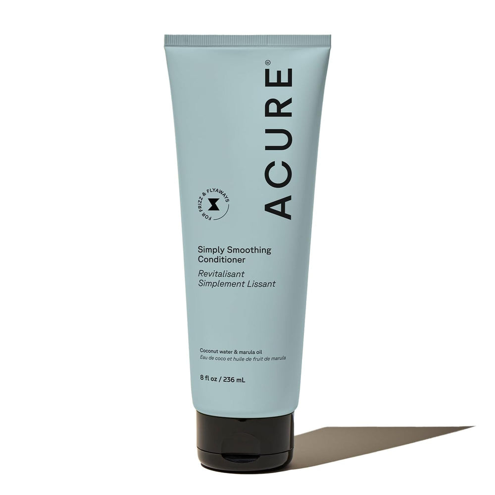 Acure Simply Smoothing Conditioner hydration bottle shows a hydrating formula for smoother hair
