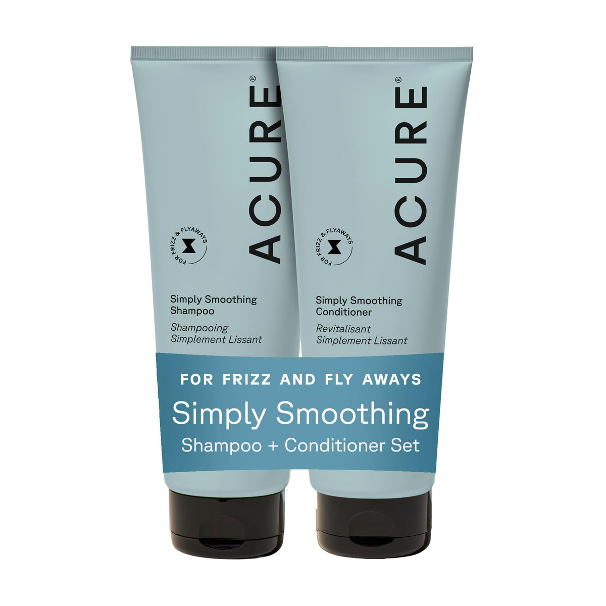 Acure Simply Smoothing Shampoo bottle showing hydrating, frizz-control action for smooth hair.