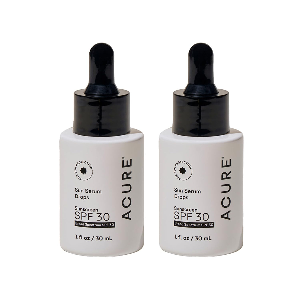 Acure Sun Serum Drops SPF 30 bottle pour for silky, light protection.