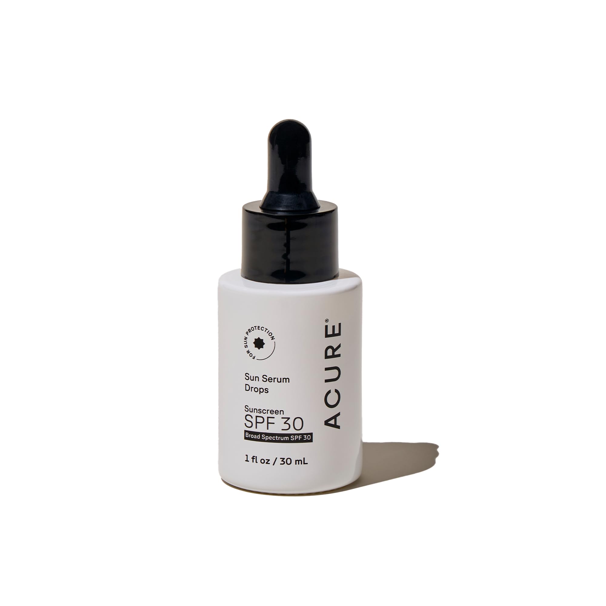 Acure Sun Serum Drops SPF 30 bottle shown for daily hydration and sun protection.