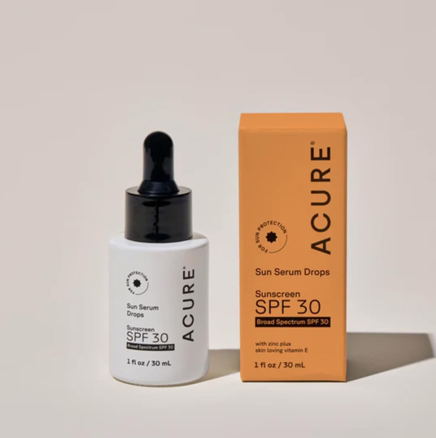 Acure Sun Serum Drops SPF 30 easy layering without whitening.