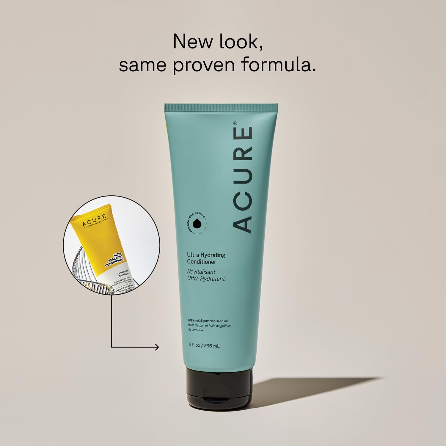 Acure Ultra Hydrating Conditioner bottle pour aids detangling and shine.