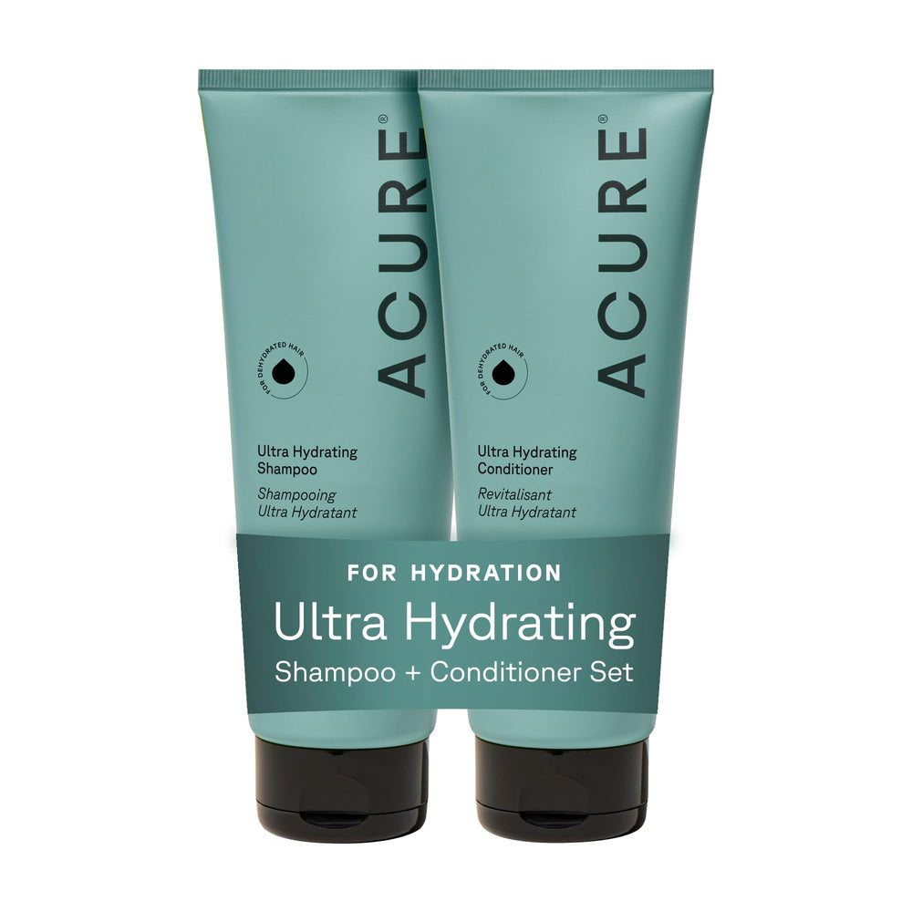 Acure Ultra Hydrating Shampoo bottle pour promotes smooth, moisturized hair.