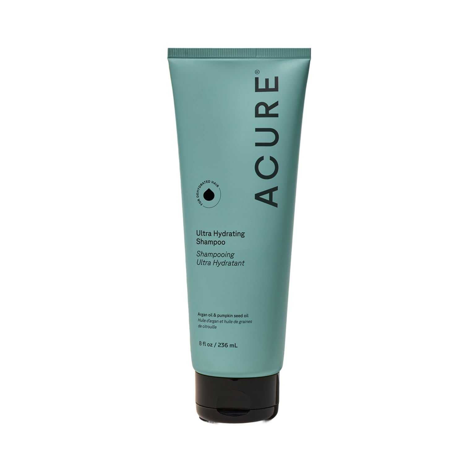 Acure Ultra Hydrating Shampoo bottle for all hair types delivers moisture and shine.