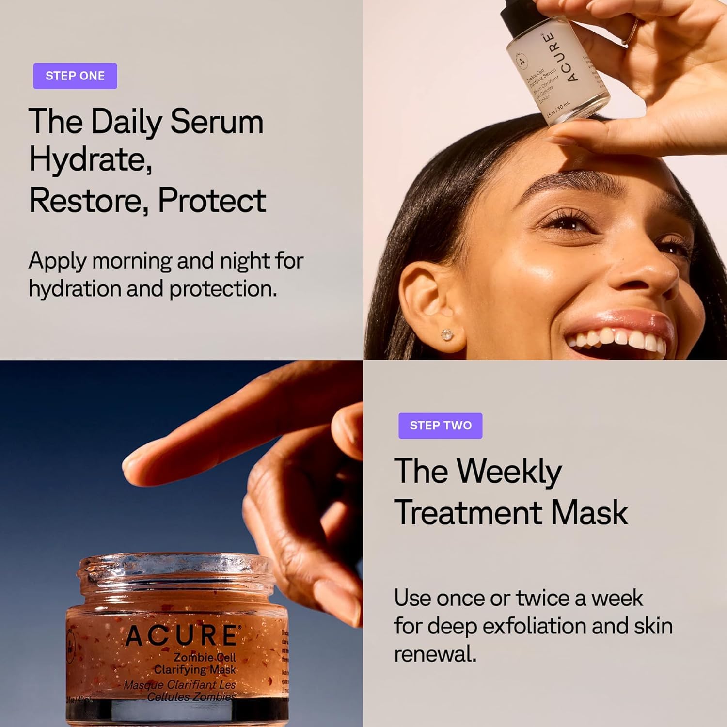 Acure Zombie Cell Clarifying Serum duo-pack display emphasizes value and routine