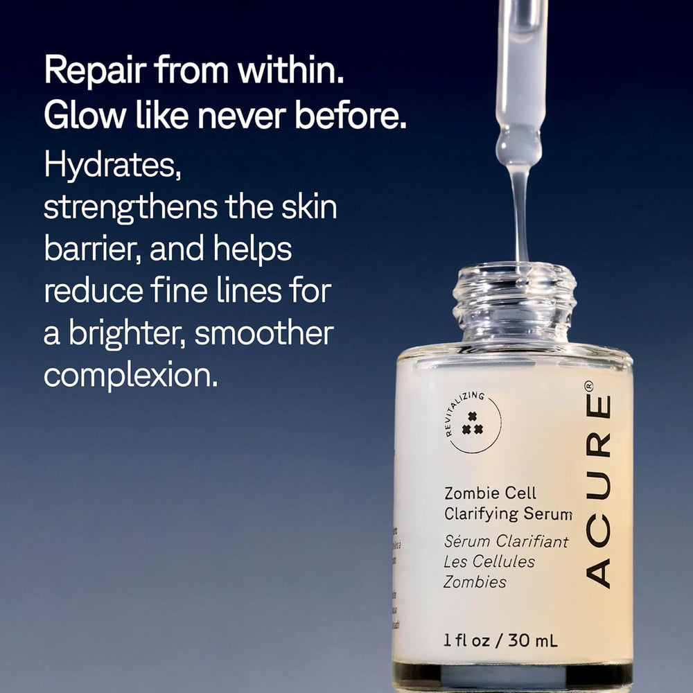 Acure Zombie Cell Clarifying Serum texture close-up shows silky absorption