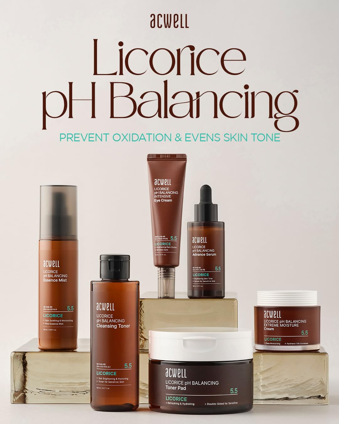 ACWELL Licorice eye cream on a skincare shelf shows daytime use.