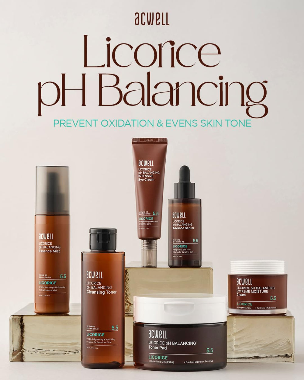 ACWELL Licorice eye cream on a skincare shelf shows daytime use.