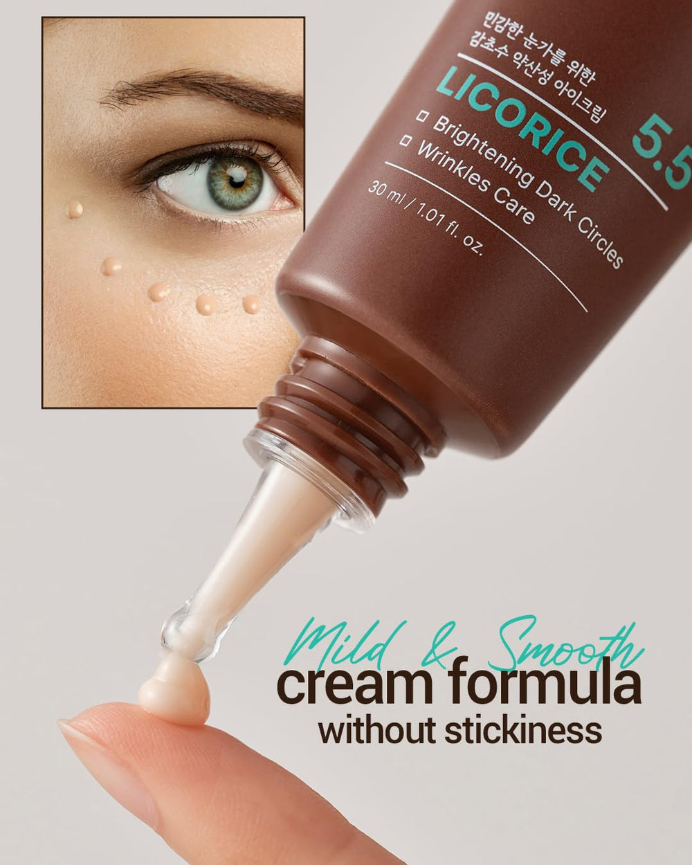 ACWELL Licorice eye cream tub beside a water drop scene indicates hydration.