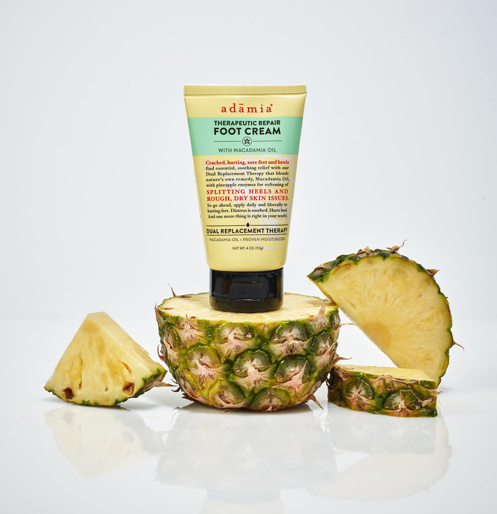 Adamia macadamia oil omega-7 emollient supports natural moisture balance in feet.