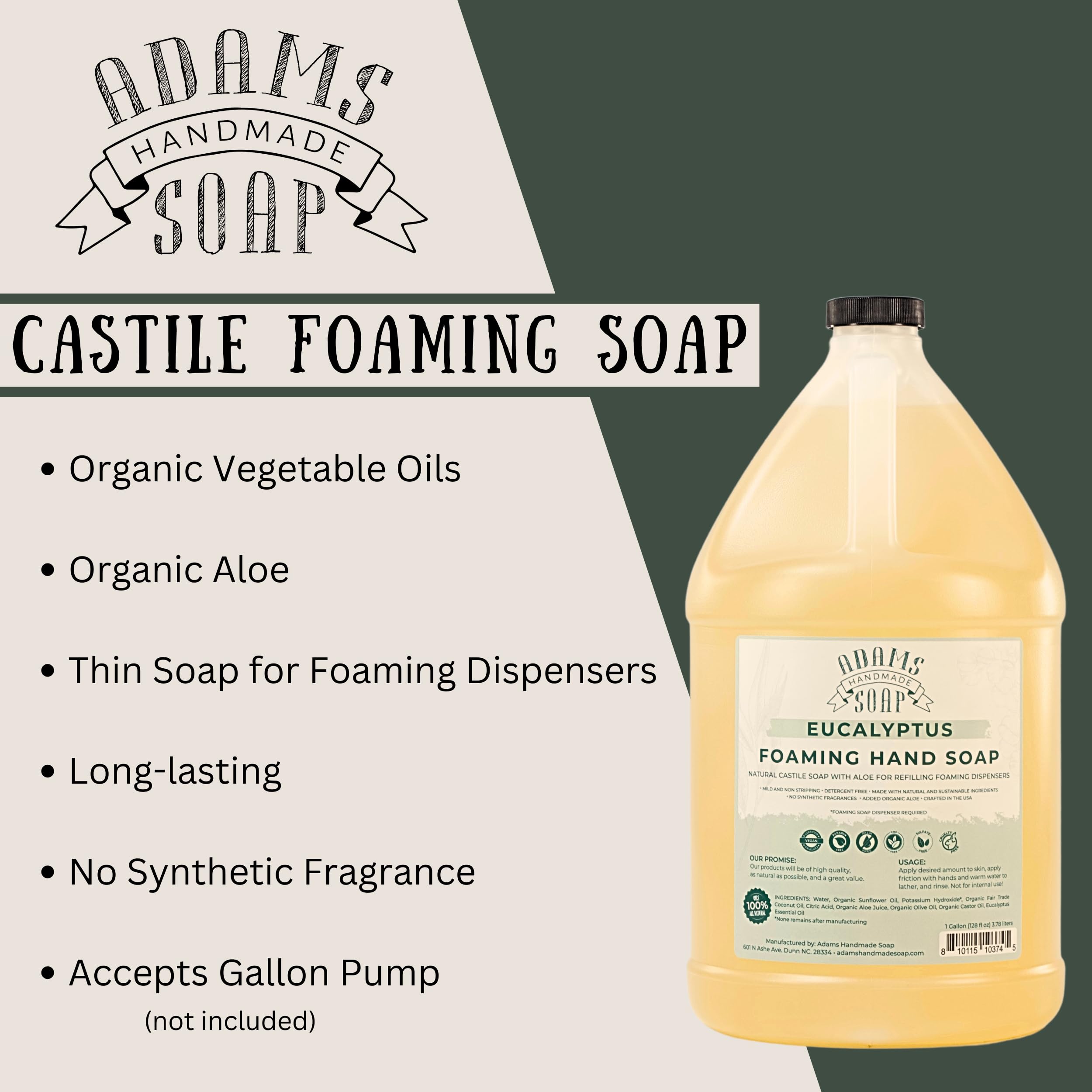 Adams Handmade Soap liquid foaming soap label close-up with eucalyptus scent and natural ingredients for gentle cleansing.