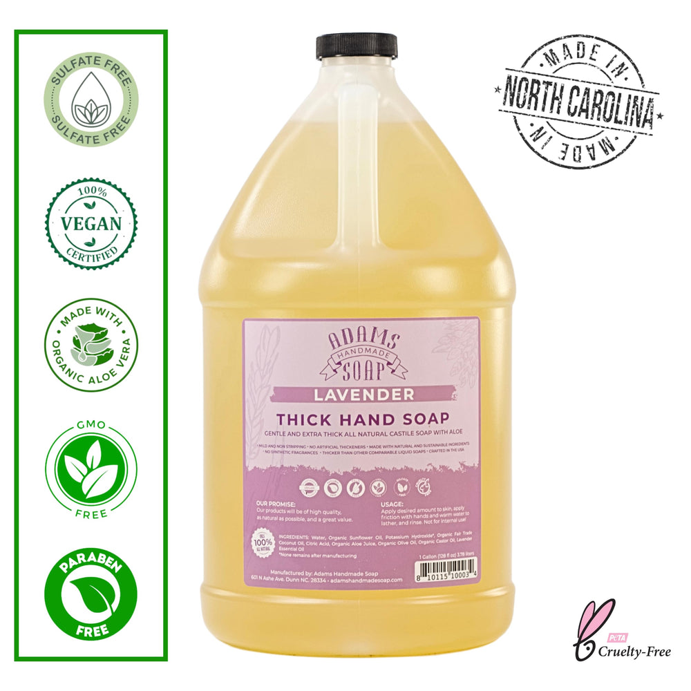 Adams Lavender Castile soap shown ready for dilution to foaming hand soap.