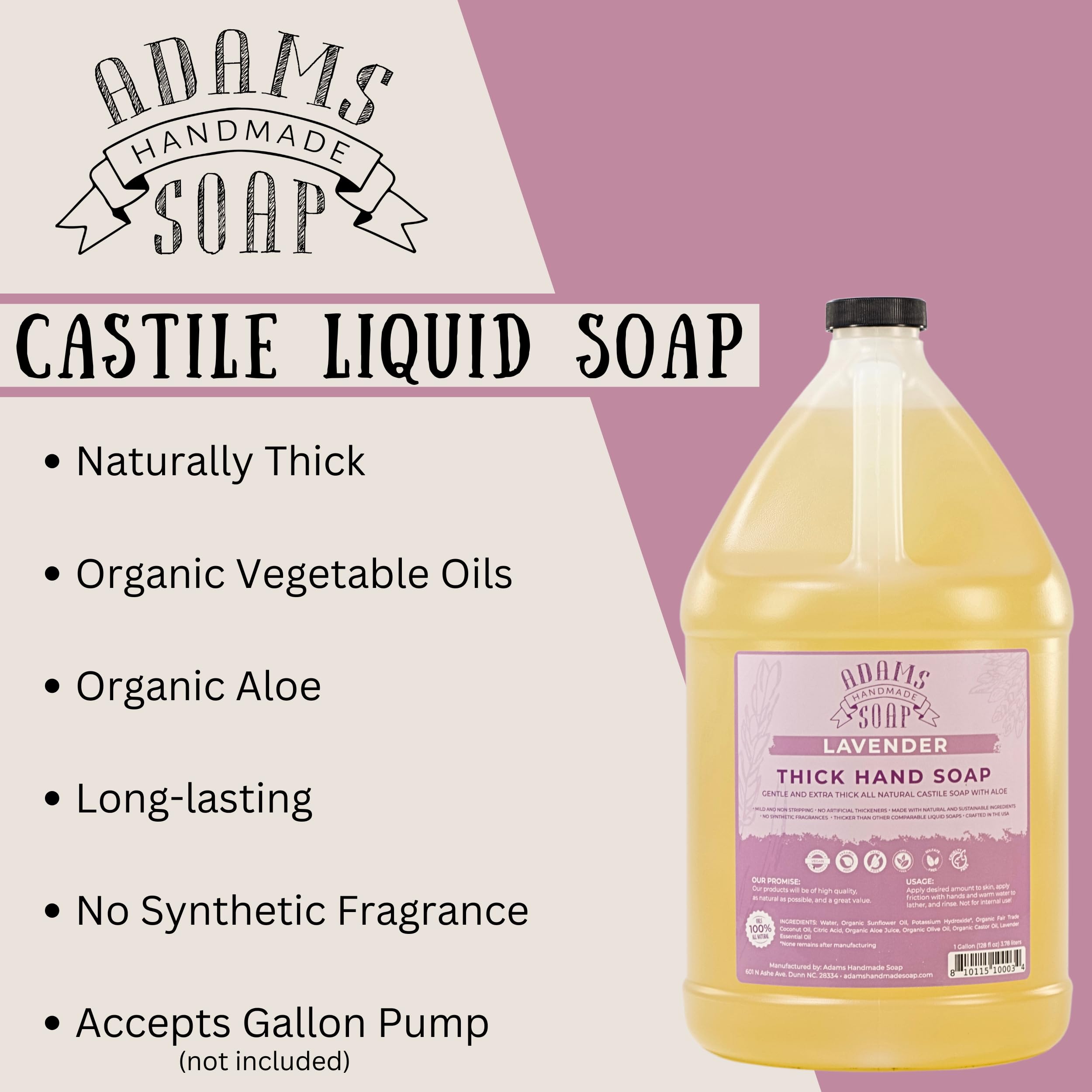 Adams Lavender Castile soap close-up showing plant-based ingredients.