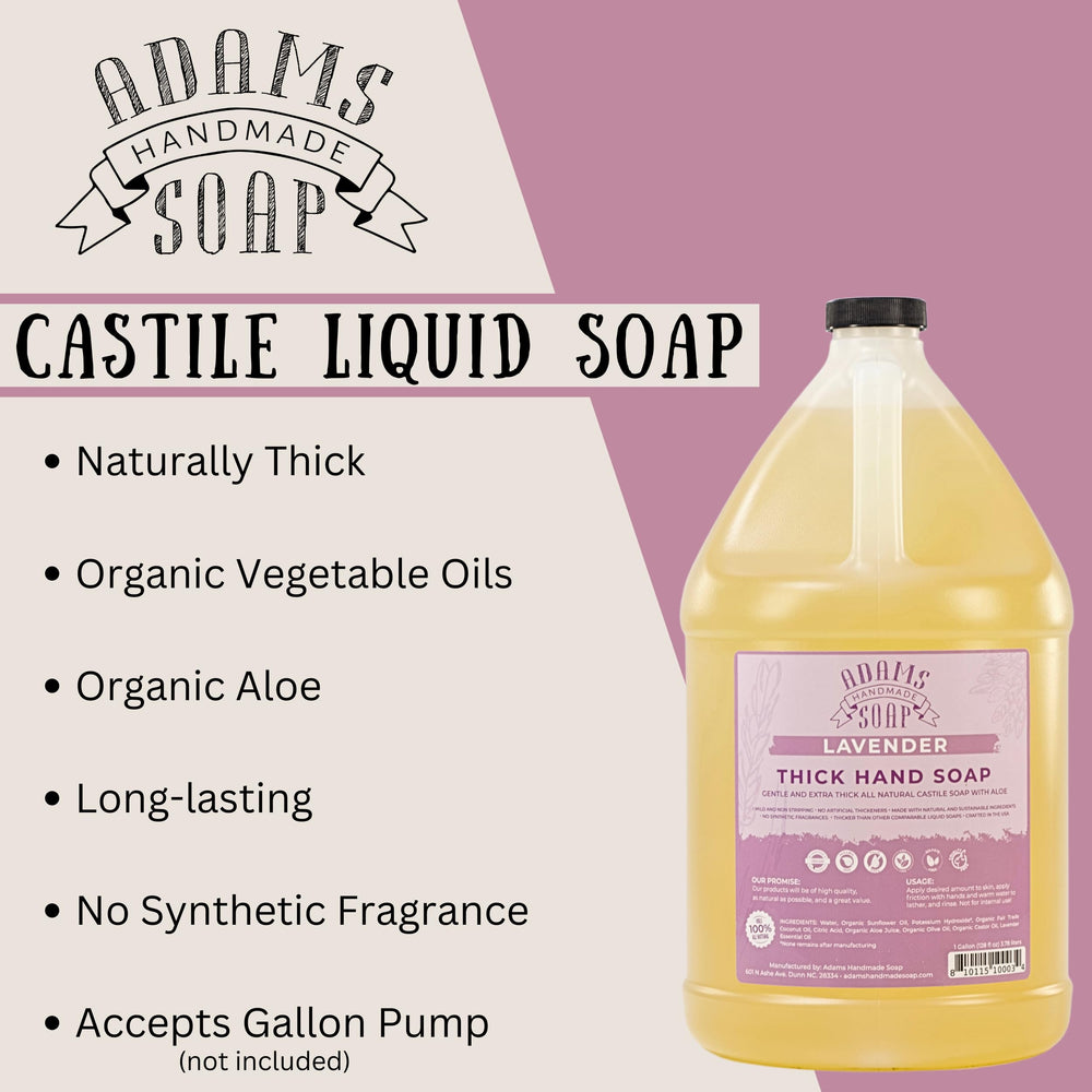 Adams Lavender Castile soap close-up showing plant-based ingredients.
