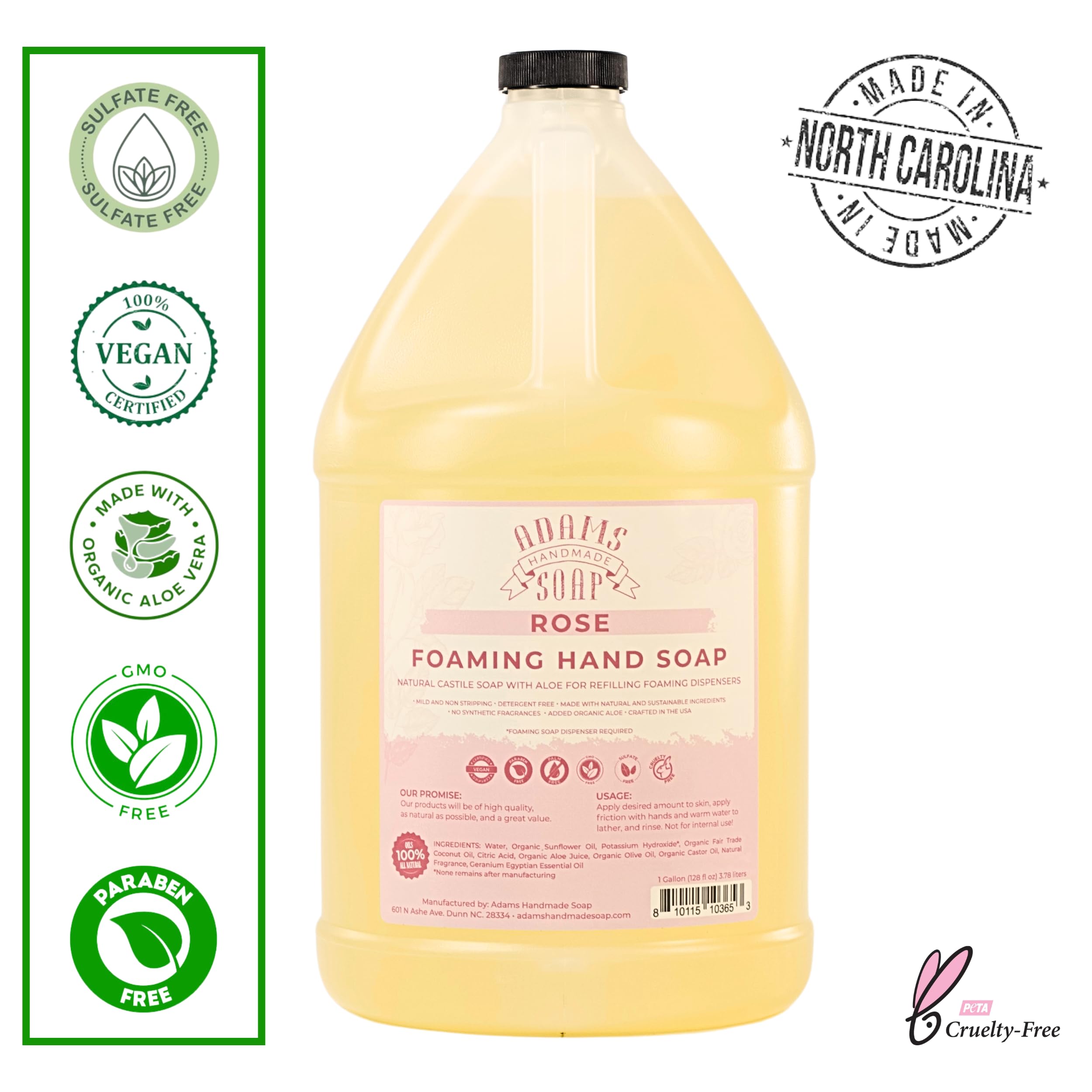Adams Handmade Soap Rose foaming soap in use, offering smooth handwash