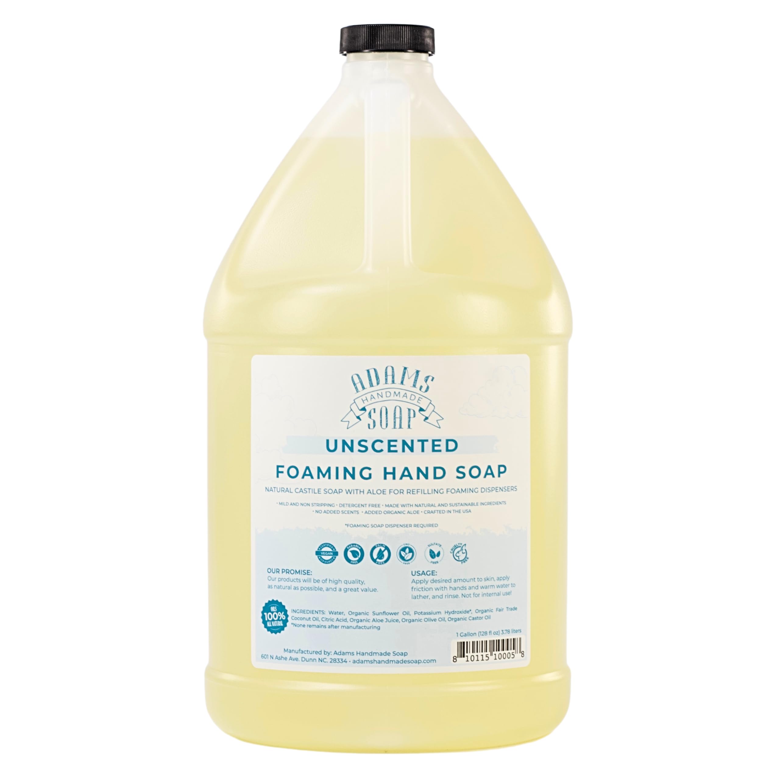 Adams Handmade Soap thin castile foaming bottle 1 gallon, gentle on skin for daily hand washing.
