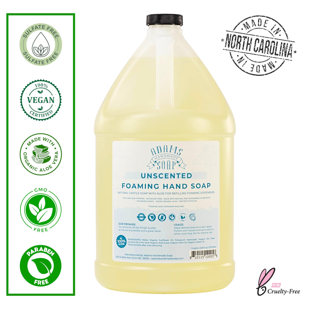 Adams Handmade Soap unscented castile refill 1 gal, convenient, versatile for DIY cleaners.