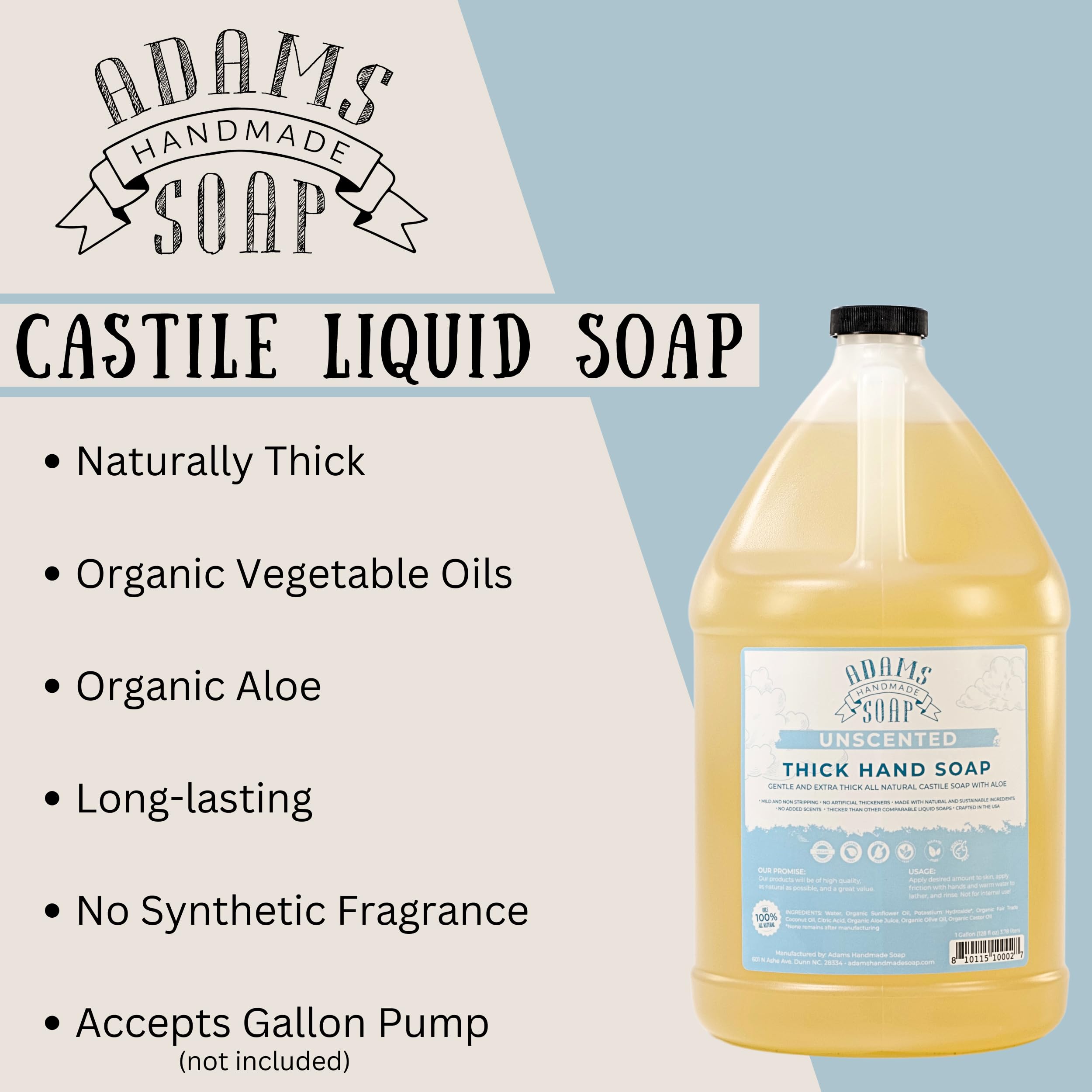 Adams Handmade Soap US-made packaging label emphasizes eco-friendly, cruelty-free values.