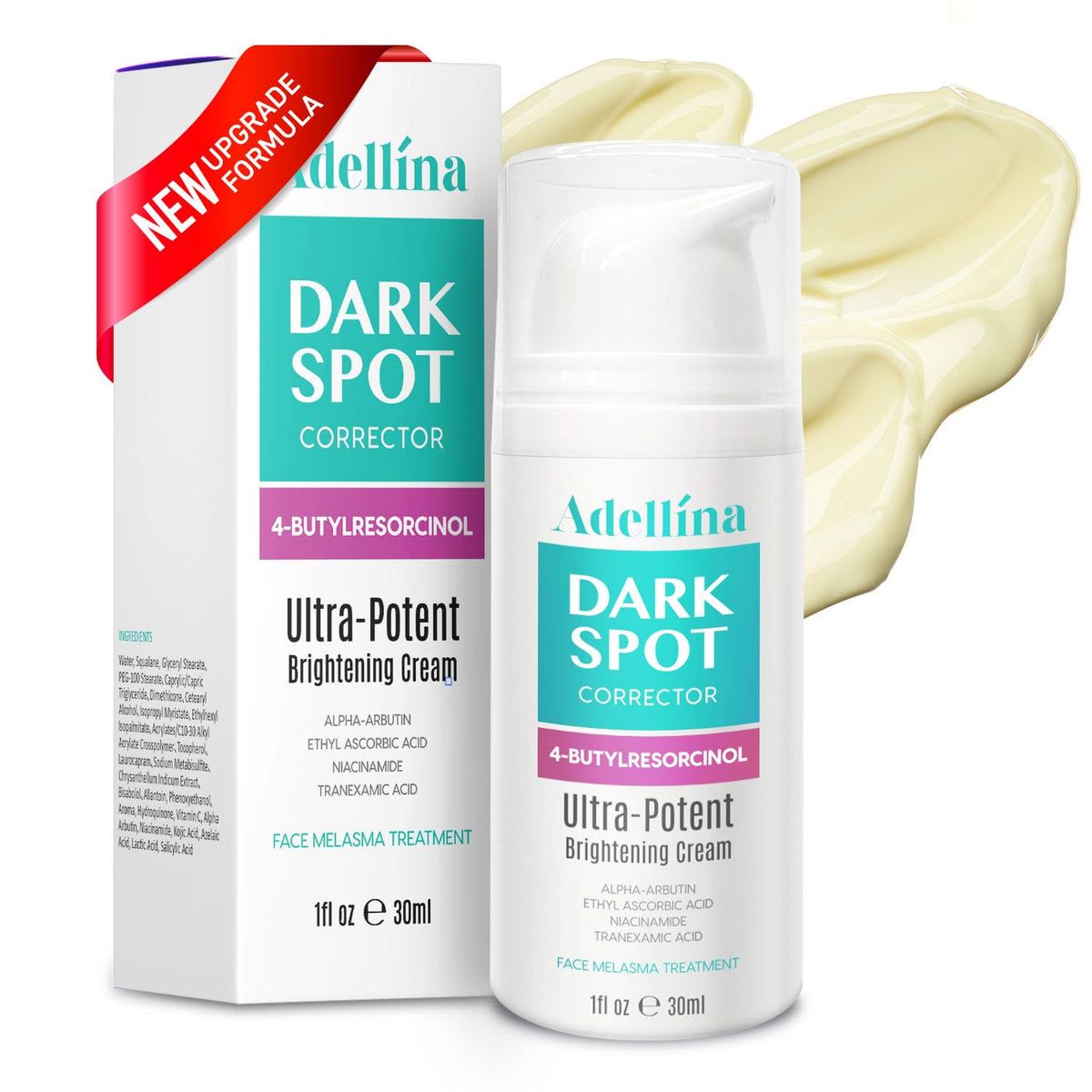 Adellina dark spot remover bottle top view promotes even skin tone