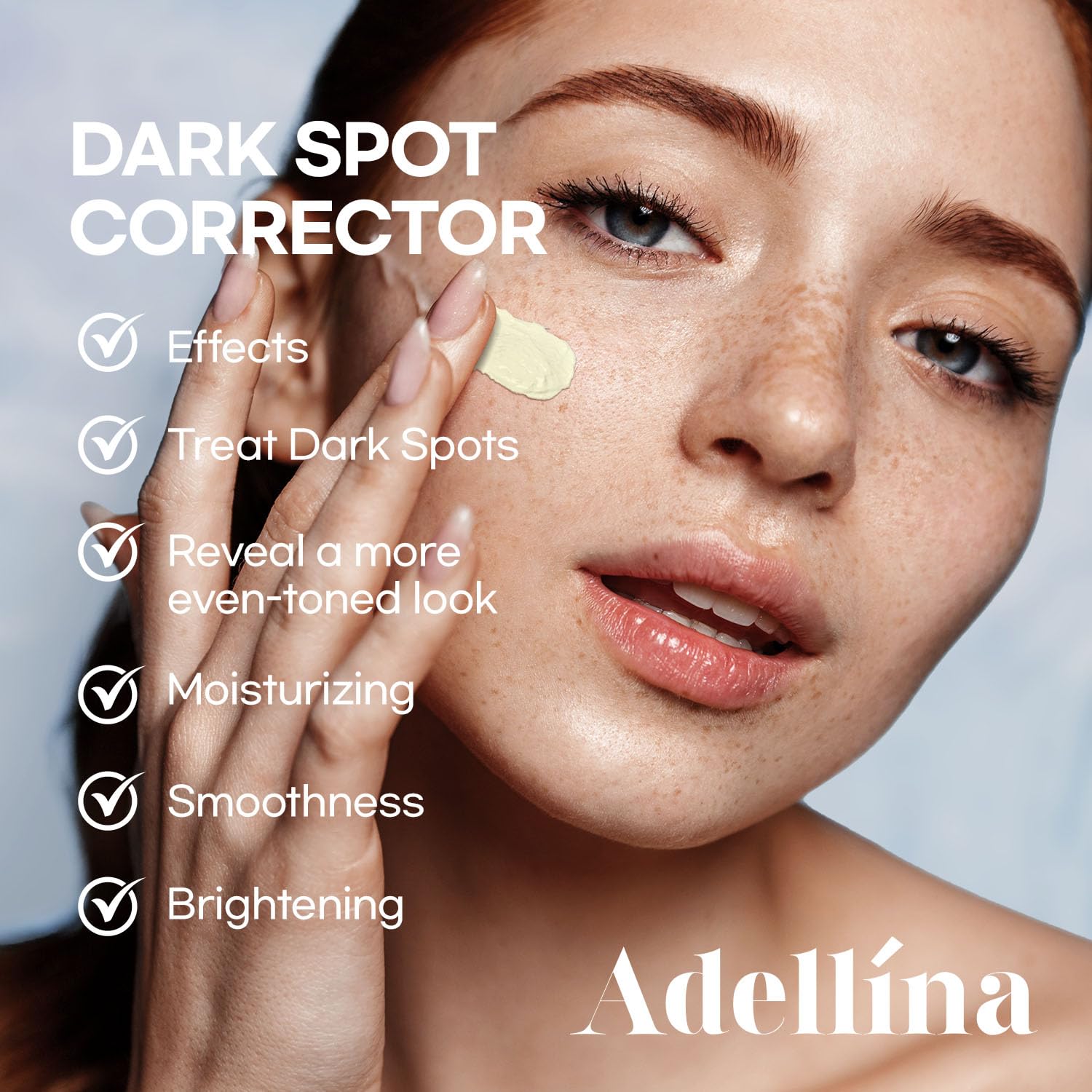 Adellina serum application closeup shows fast-absorbing formula for daily use