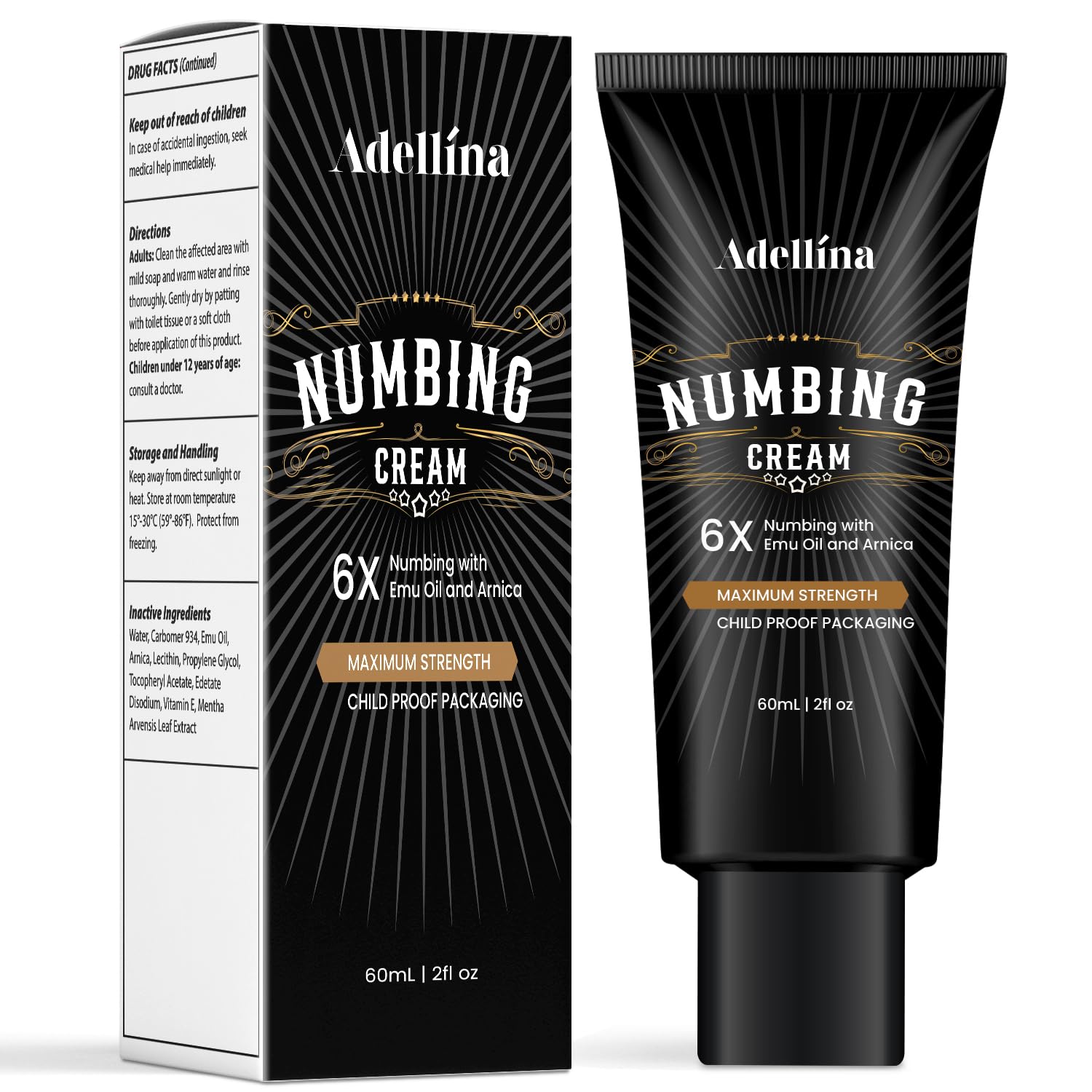 Adellina Numbing Cream maximum-strength bottle offers lasting cooling comfort for sensitive skin.