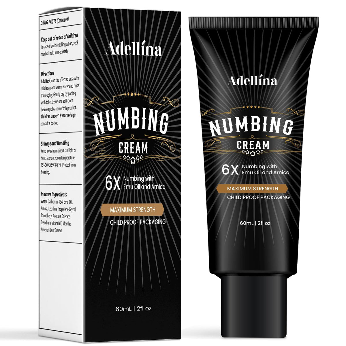 Adellina Numbing Cream maximum-strength bottle offers lasting cooling comfort for sensitive skin.