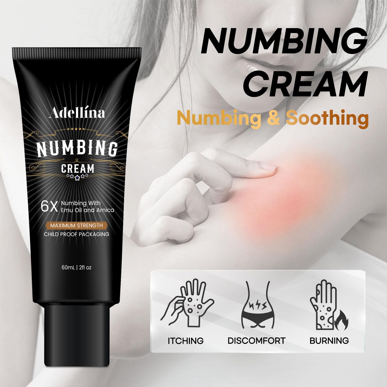 Adellina Numbing Cream maximum-strength packaging showcases a clean, easy-to-use design.