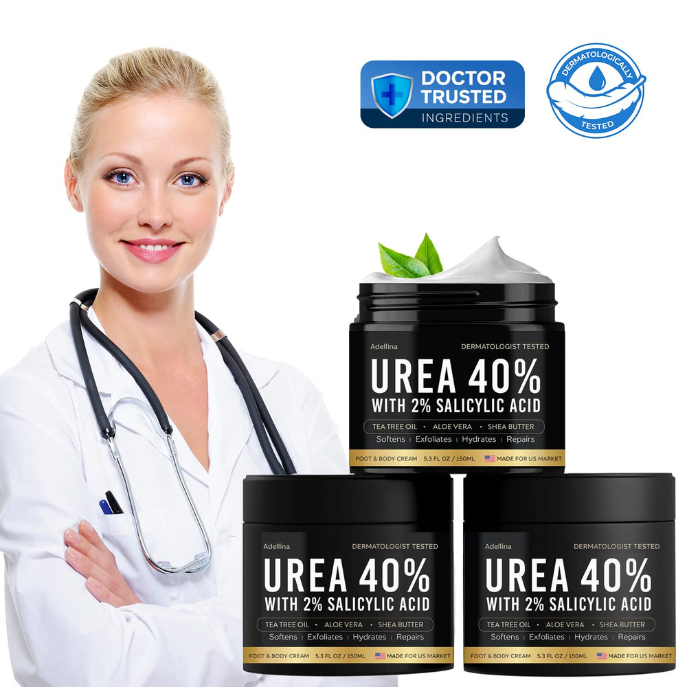 Adellina Urea Cream 40% being applied to feet to soothe dryness.