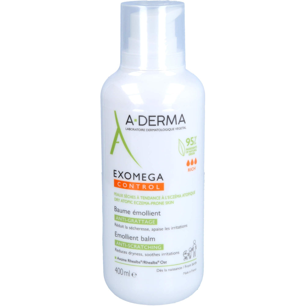 A-Derma Exomega Control emollient balm 400ml soothes dry, atopy-prone skin.