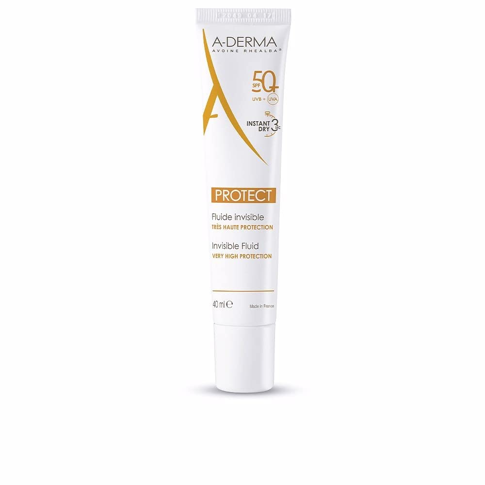 A-Derma Protect Invisible Fluid SPF50+ 40ml bottle provides lightweight, invisible sun protection for fragile skin.