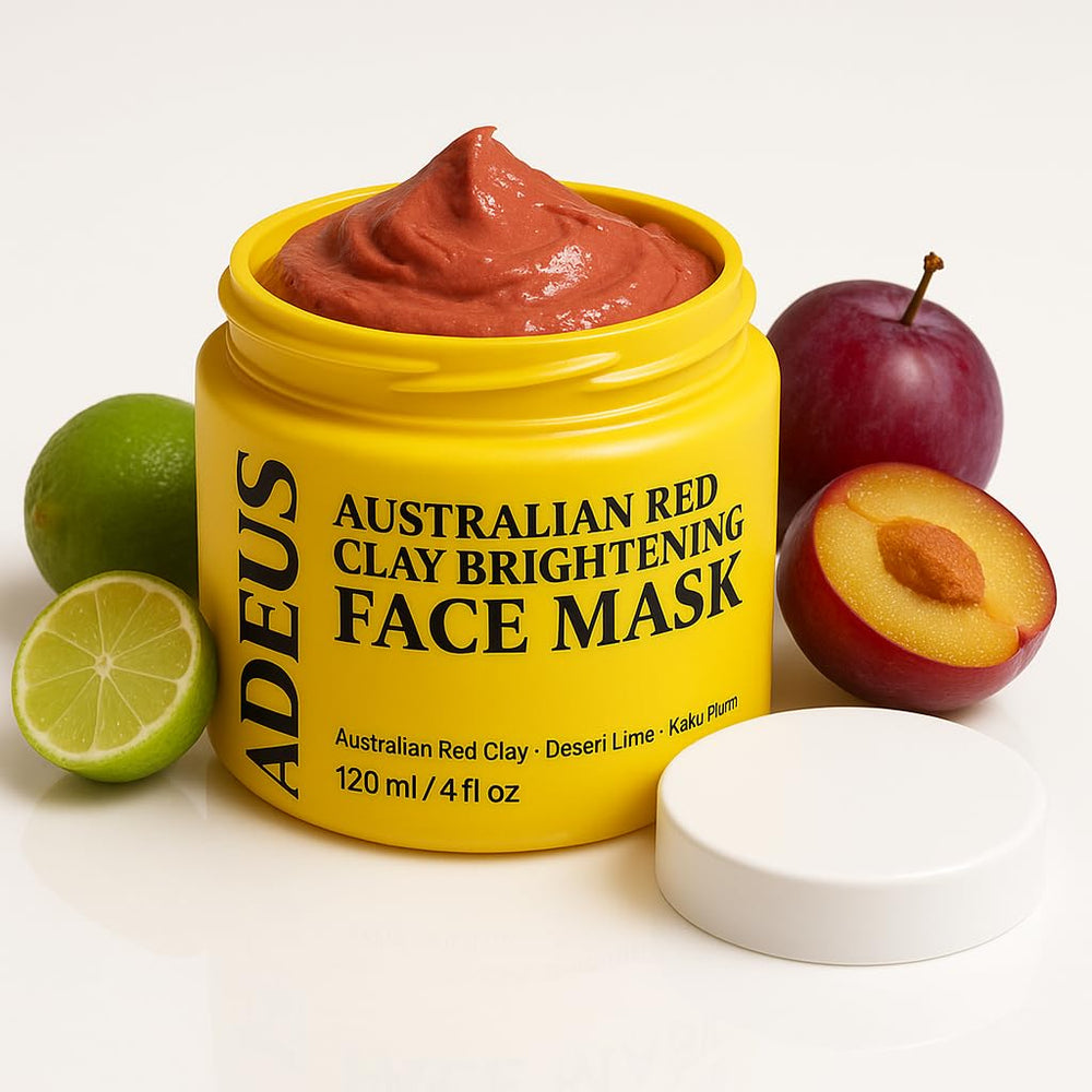 ADEUS Australian Red Clay Brightening Mask jar showing smooth clay for a radiant, even glow.