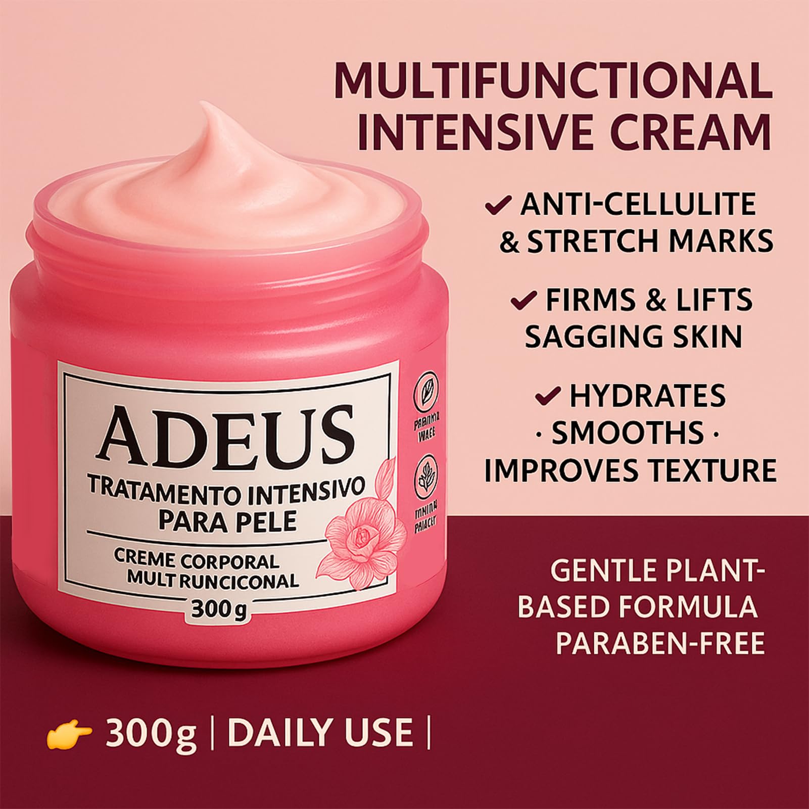 Close-up of ADEUS Pink Rose Cream jar highlighting luxe texture for smoothing skin