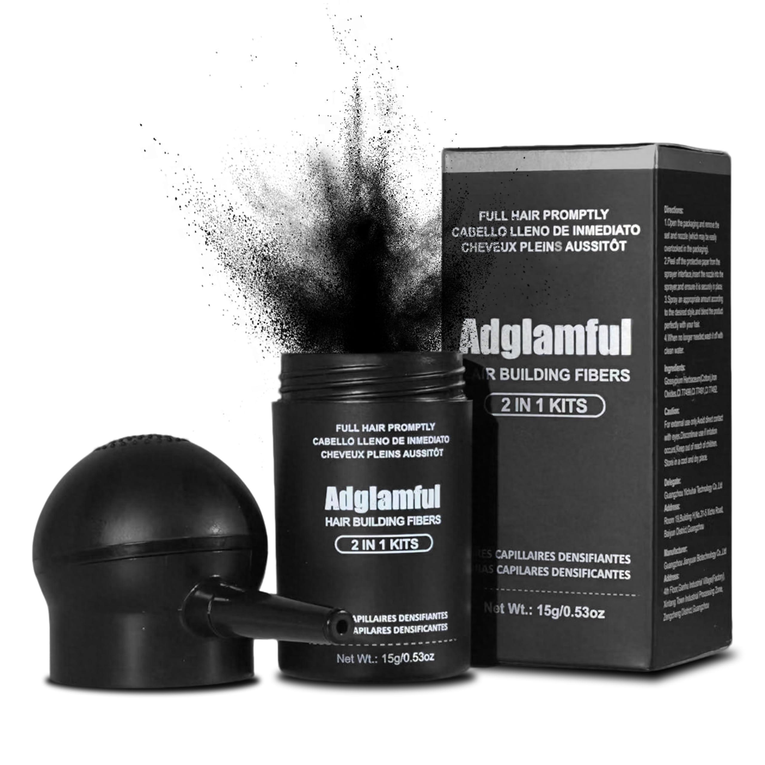 Adglamful hair-building fibers blended with the spray applicator for instant fullness.