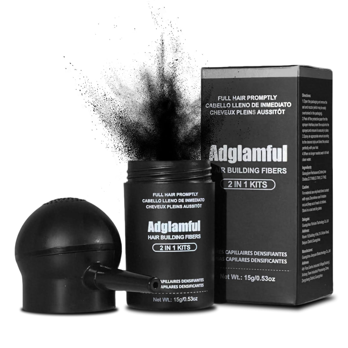 Adglamful hair-building fibers blended with the spray applicator for instant fullness.